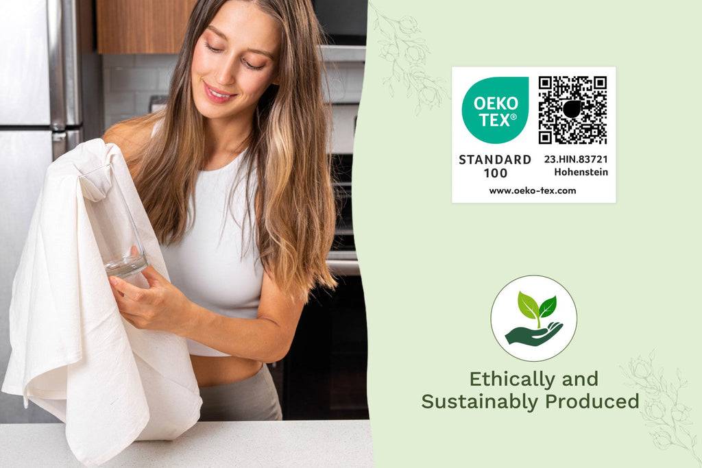 Organic Cotton Mart flour sack kitchen towels with certification badge, showing natural cotton fabric and folded design.