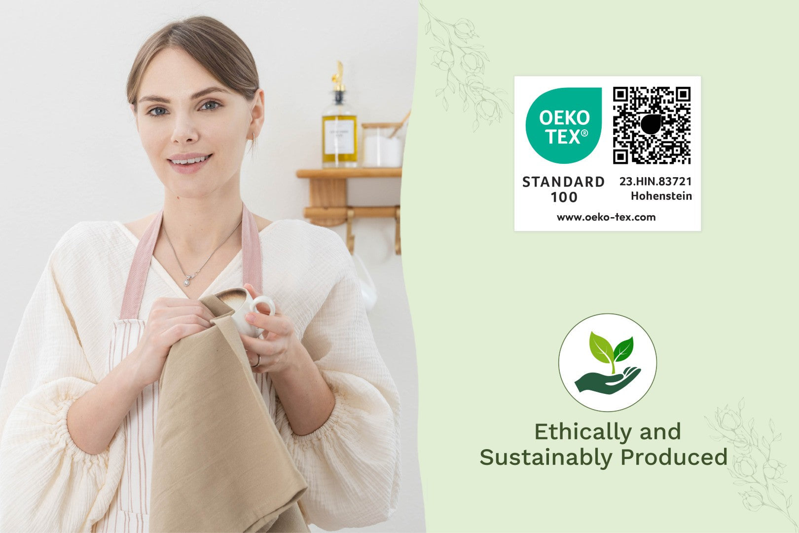 Organic Cotton Mart flour sack kitchen towels with eco-friendly certifications displayed on the card.