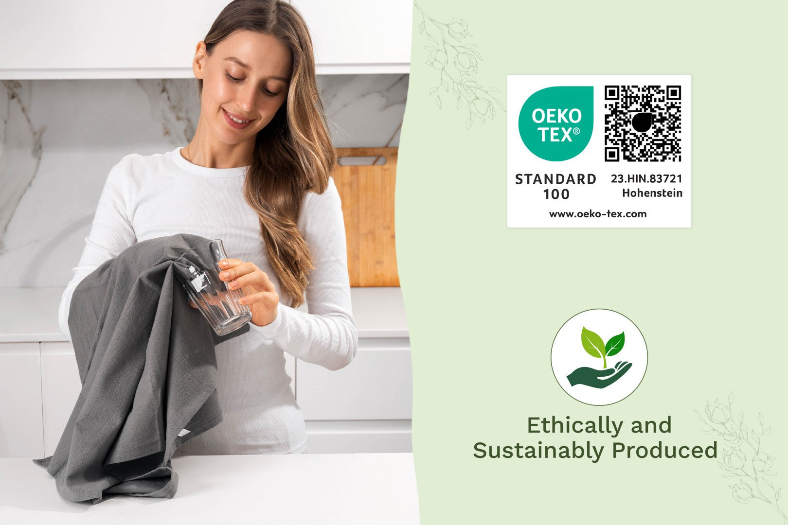 Organic Cotton Mart flour sack kitchen towels with eco-friendly certifications, showing soft, white cotton fabric and folded design.