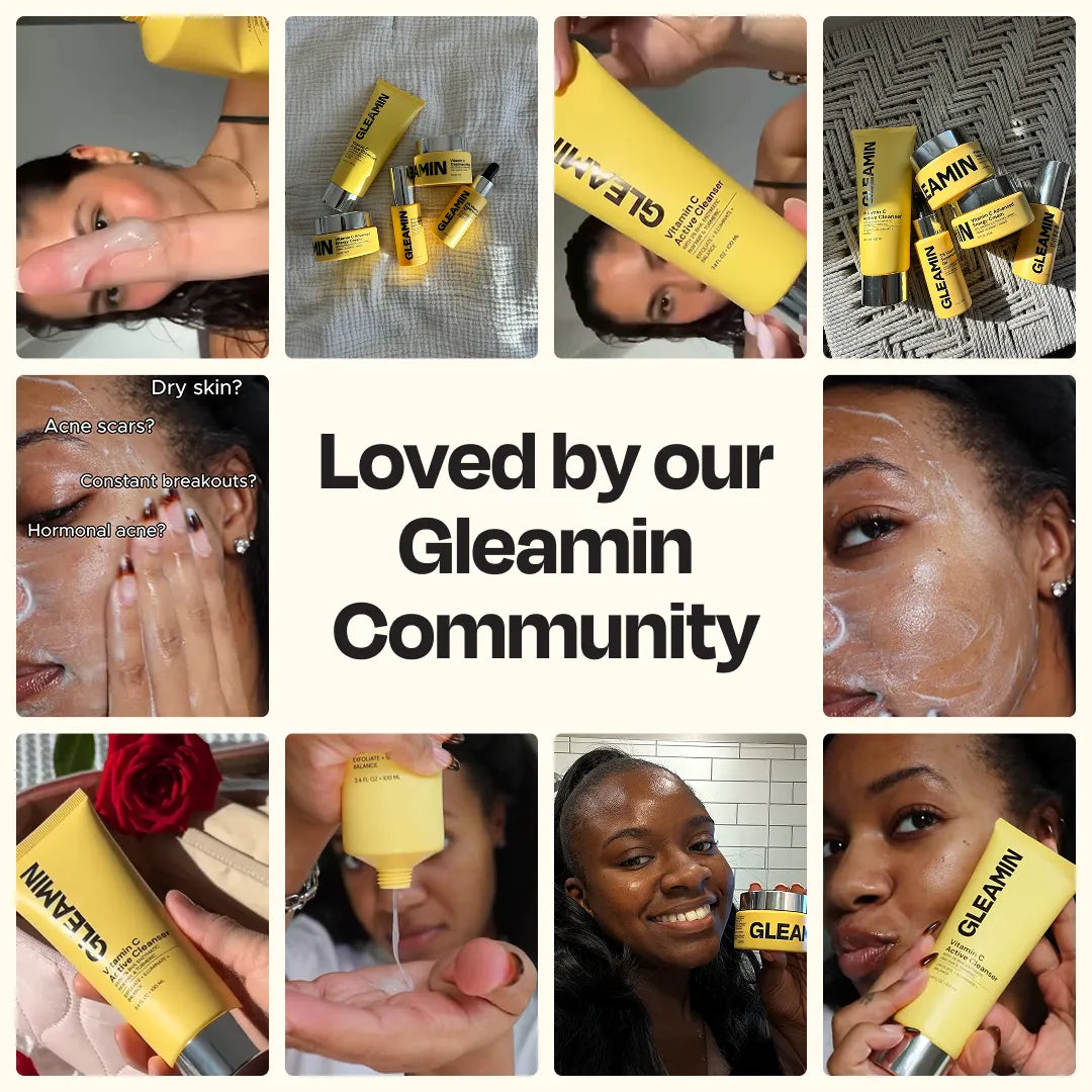 Gleamin Clarifying Brightening Facial Cleanser in a clear pump bottle, showing the gentle foaming texture and brightening formula.