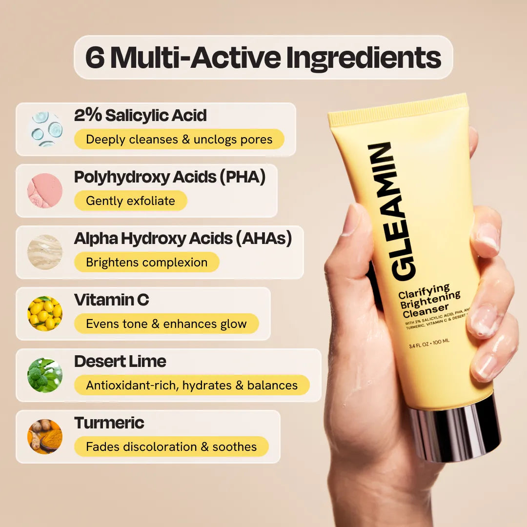 Gleamin Clarifying Brightening Facial Cleanser in a pump bottle, showing the clear gel formula and fresh packaging.