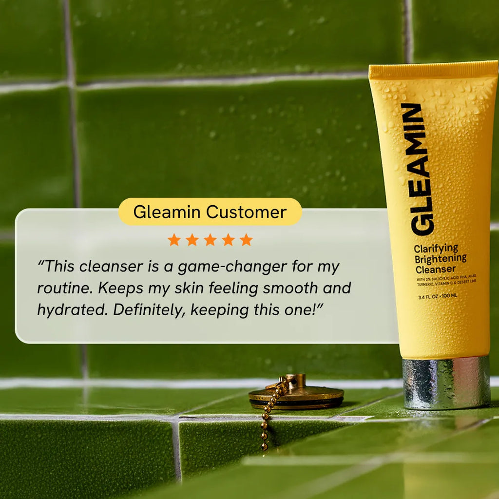 Gleamin Clarifying Brightening Facial Cleanser bottle with pump dispenser, shown next to a clean, bright background.