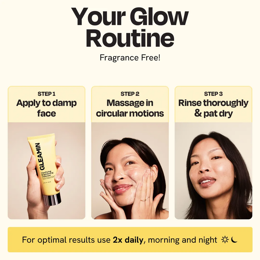 Gleamin Clarifying Brightening Facial Cleanser in a clear bottle with a pump, showing the gentle foaming texture on the surface.