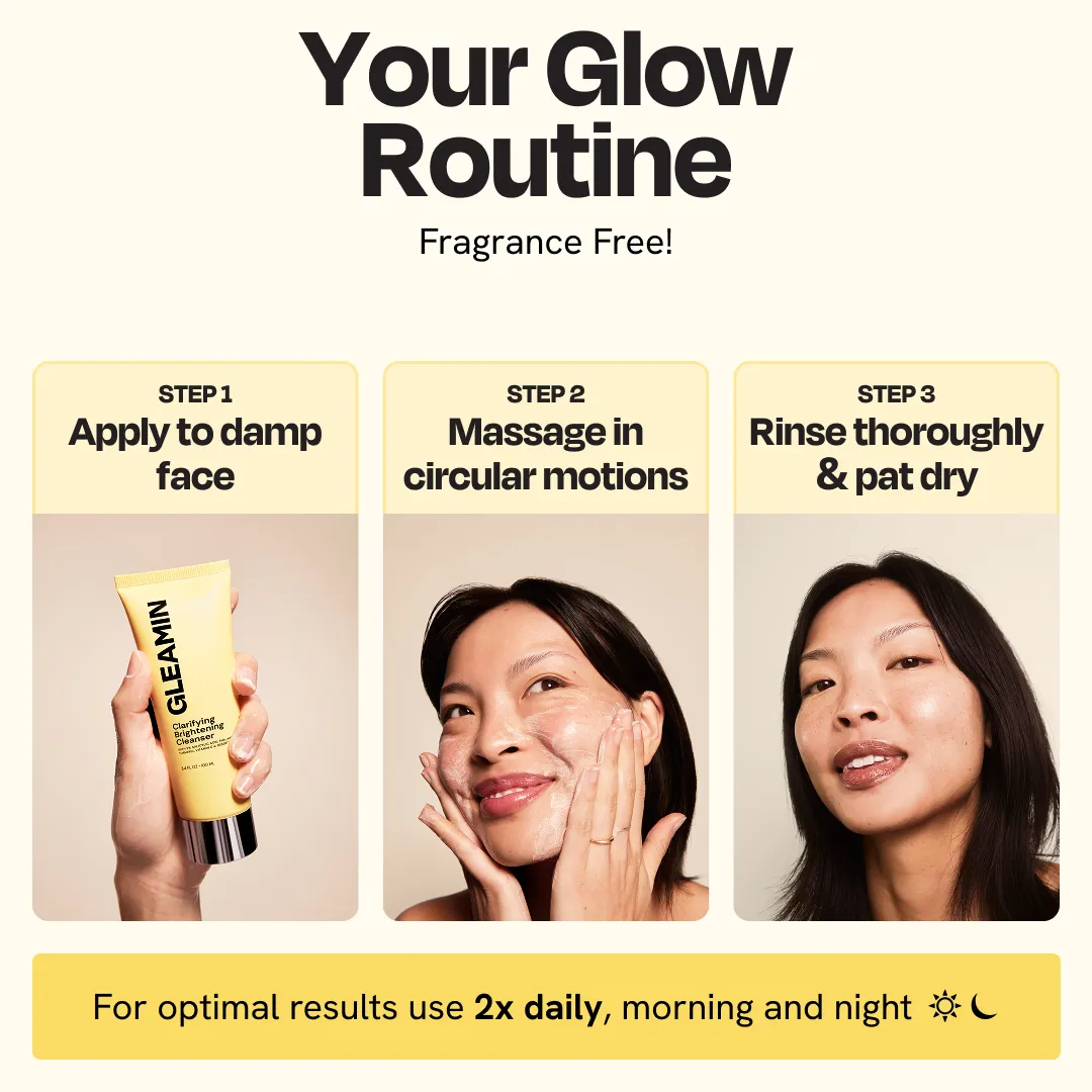 Gleamin Clarifying Brightening Facial Cleanser in a clear bottle with a pump, showing the gentle foaming texture on the surface.