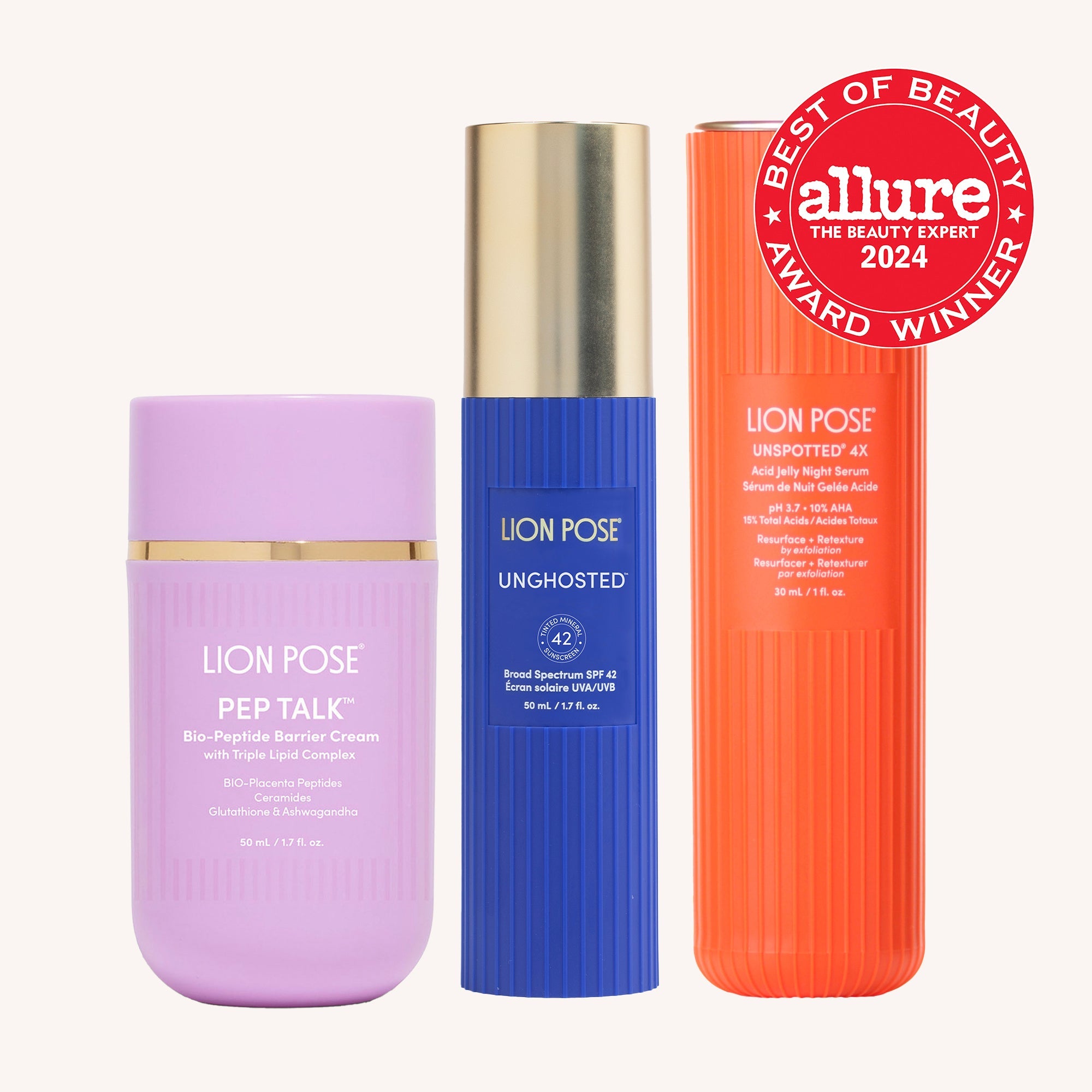 Lion Pose Compound Skinterest skincare set with AHA, barrier repair, and SPF products displayed in a sleek box.