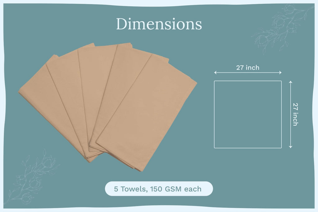 Organic Cotton Mart flour sack kitchen towels displayed with dimensions chart on a white background.