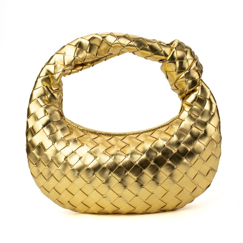 Gold woven knotted handbag from Babs+Birdie's The Charlize collection, featuring intricate woven design and stylish handwoven details.