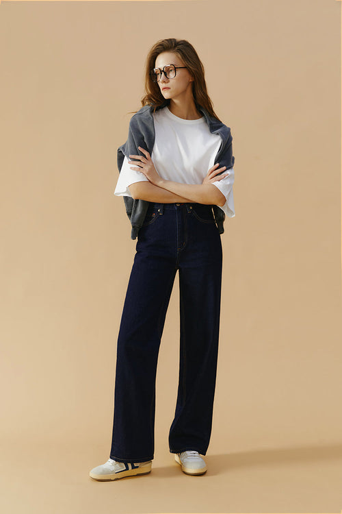 Hey Joanie Coney Island Whitefish high rise wide jeans shown with front view, light wash denim, and wide leg fit.