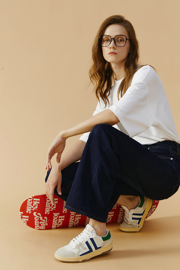 Hey Joanie Coney Island Whitefish high-rise wide-leg jeans, front view showcasing the fit and denim texture.