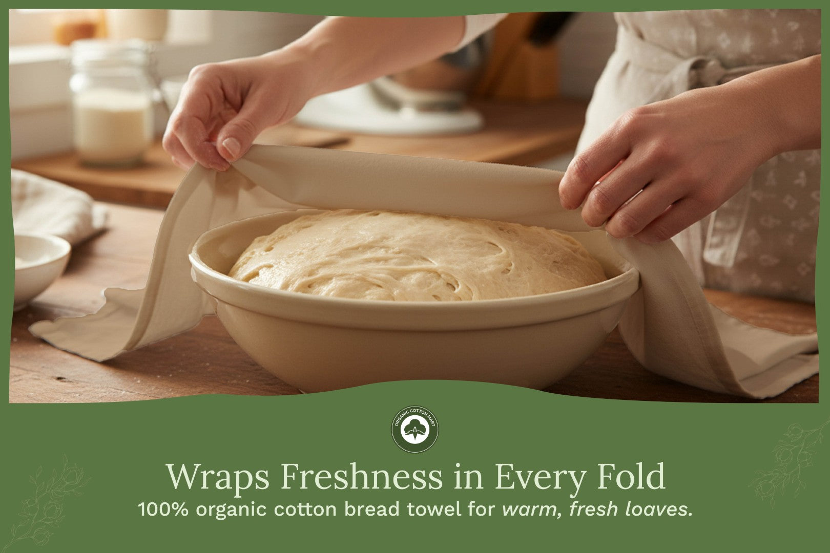 Organic Cotton Mart flour sack kitchen towels with hanging loops, soft, absorbent, and eco-friendly for kitchen use.