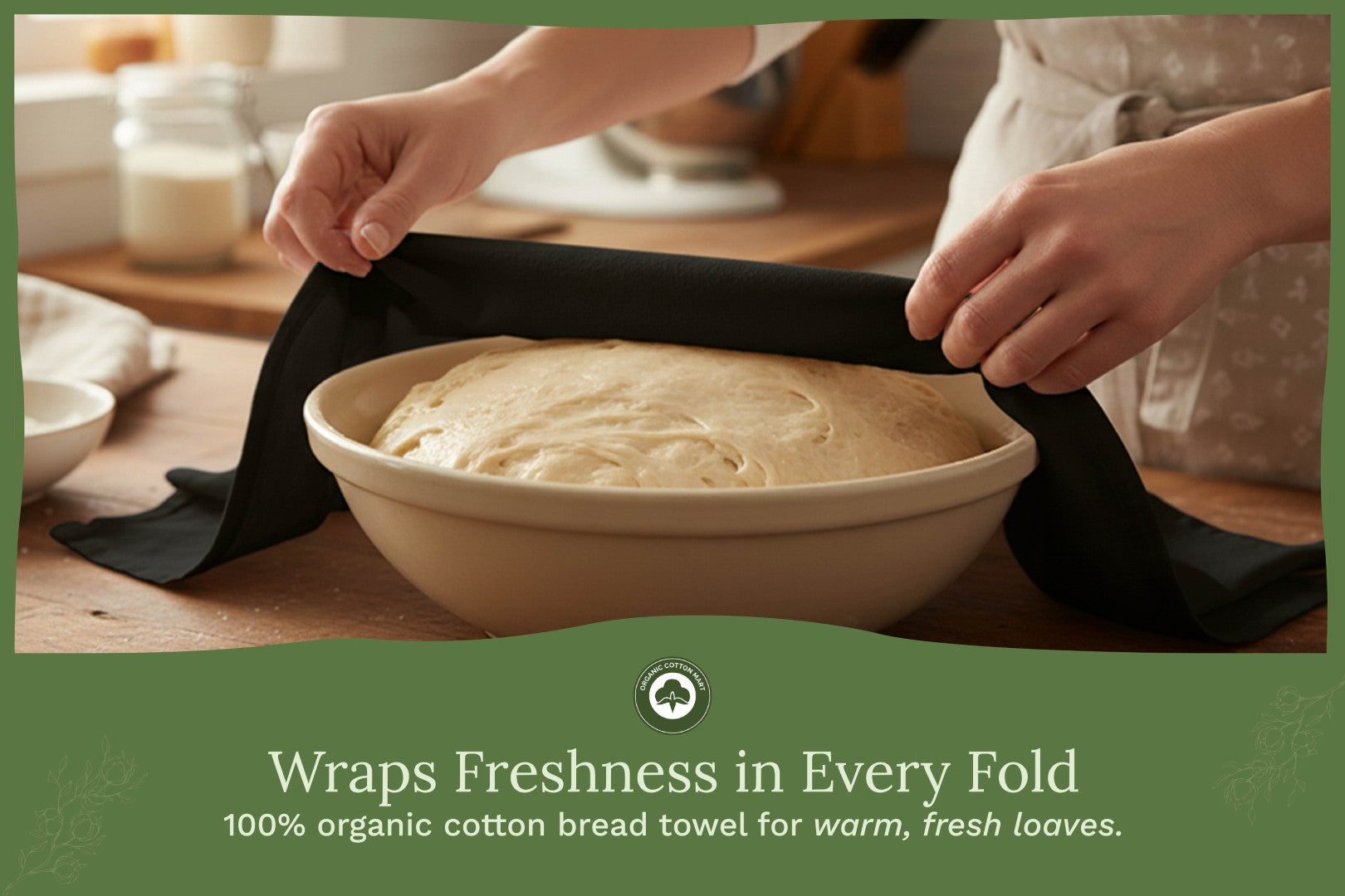 Organic Cotton Mart flour sack kitchen towels hanging on a kitchen rack, showcasing their soft, durable, and eco-friendly design.