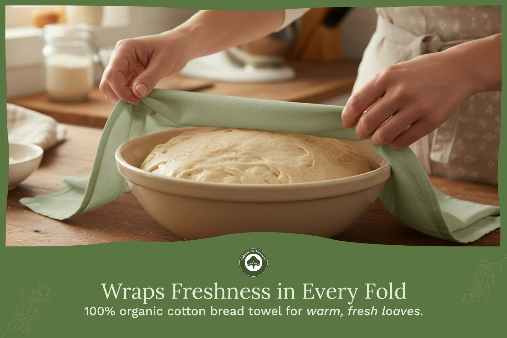 Organic Cotton Mart flour sack kitchen towels with a clean, white design, showing soft, absorbent fabric perfect for kitchen use.