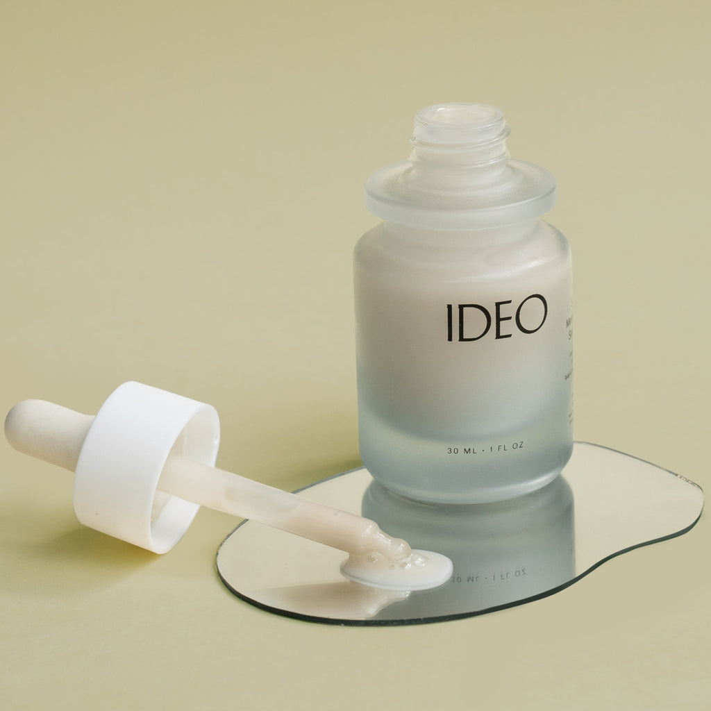 IDEOSkincare Skin Memory Serum in a sleek bottle, showcasing its smooth, hydrating face serum formula for youthful skin.