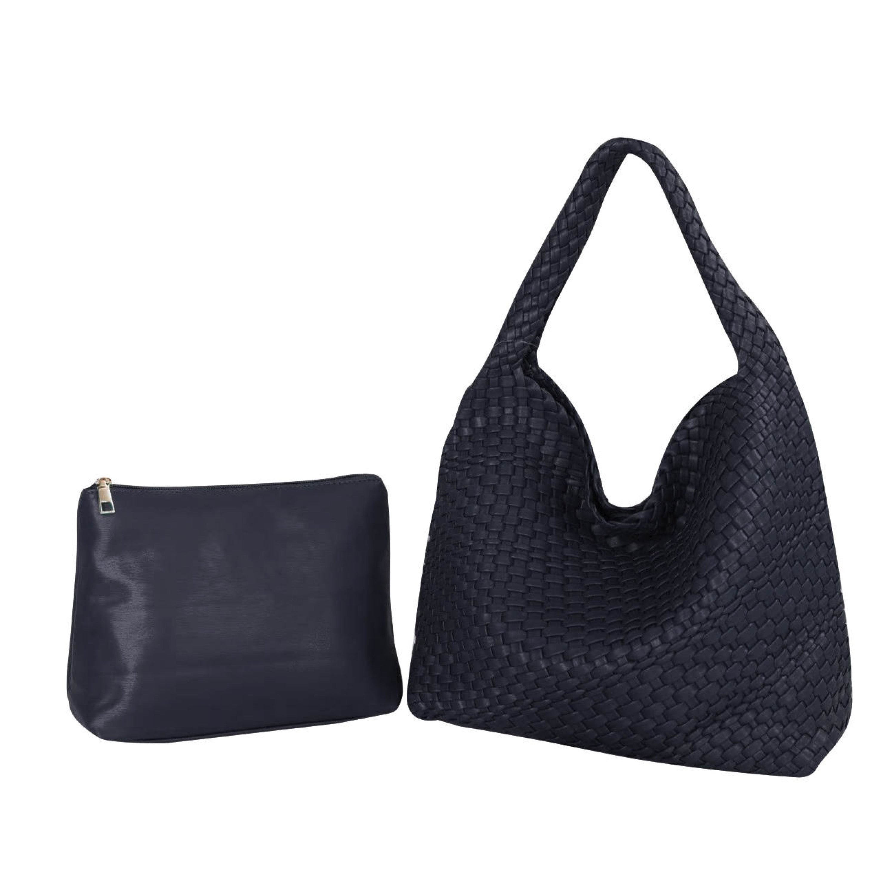 Large woven vegan leather tote bag by Babs+Birdie featuring a spacious design with sturdy handles and stylish woven texture.