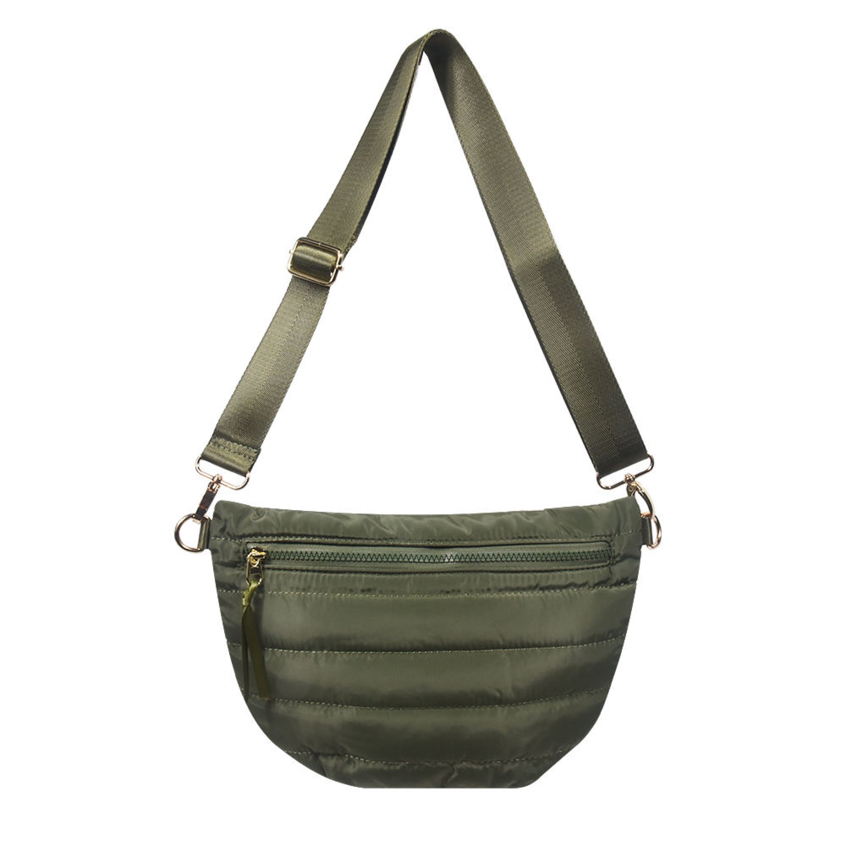 Babs+Birdie Crescent Puffer Sling Bag with quilted design and adjustable strap, stylish accessory for everyday use.