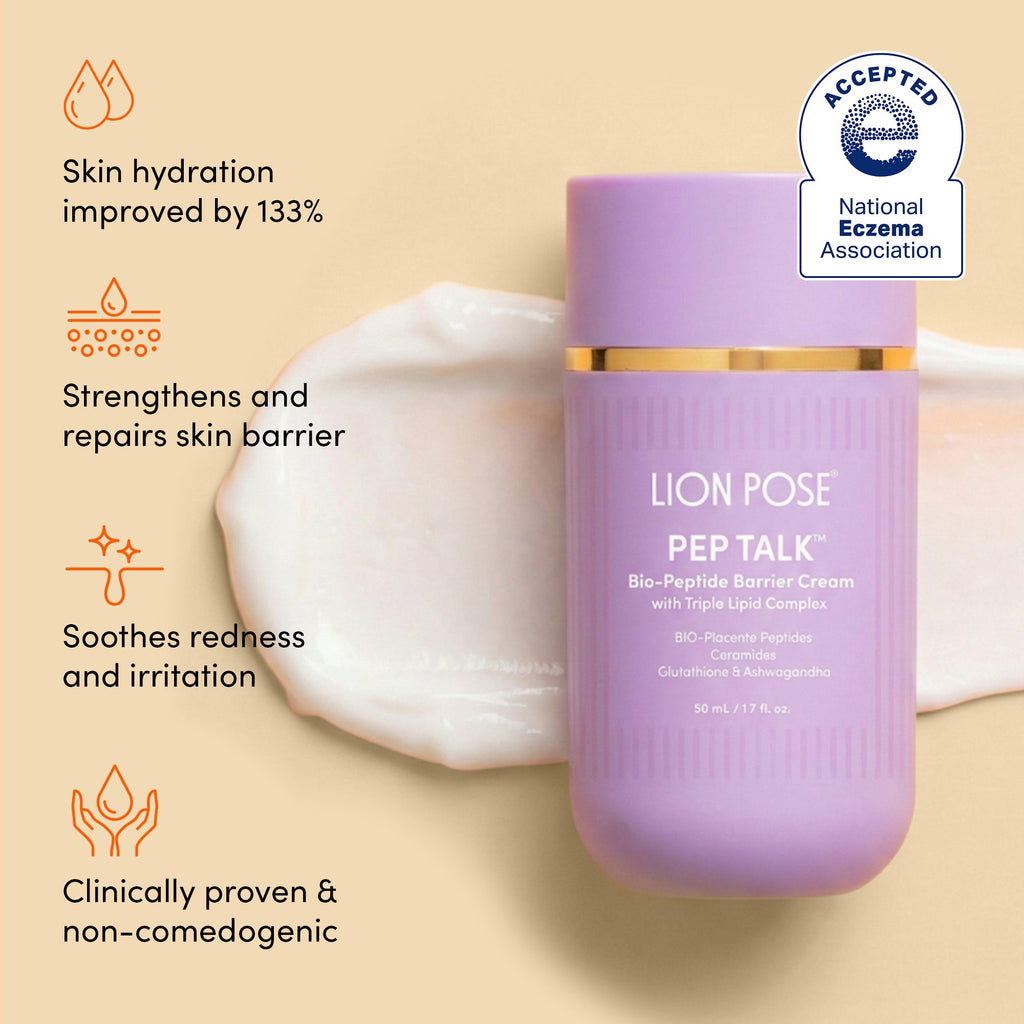 Lion Pose Compound Skinterest skincare set featuring AHA, barrier repair, and SPF products arranged in a clean display.