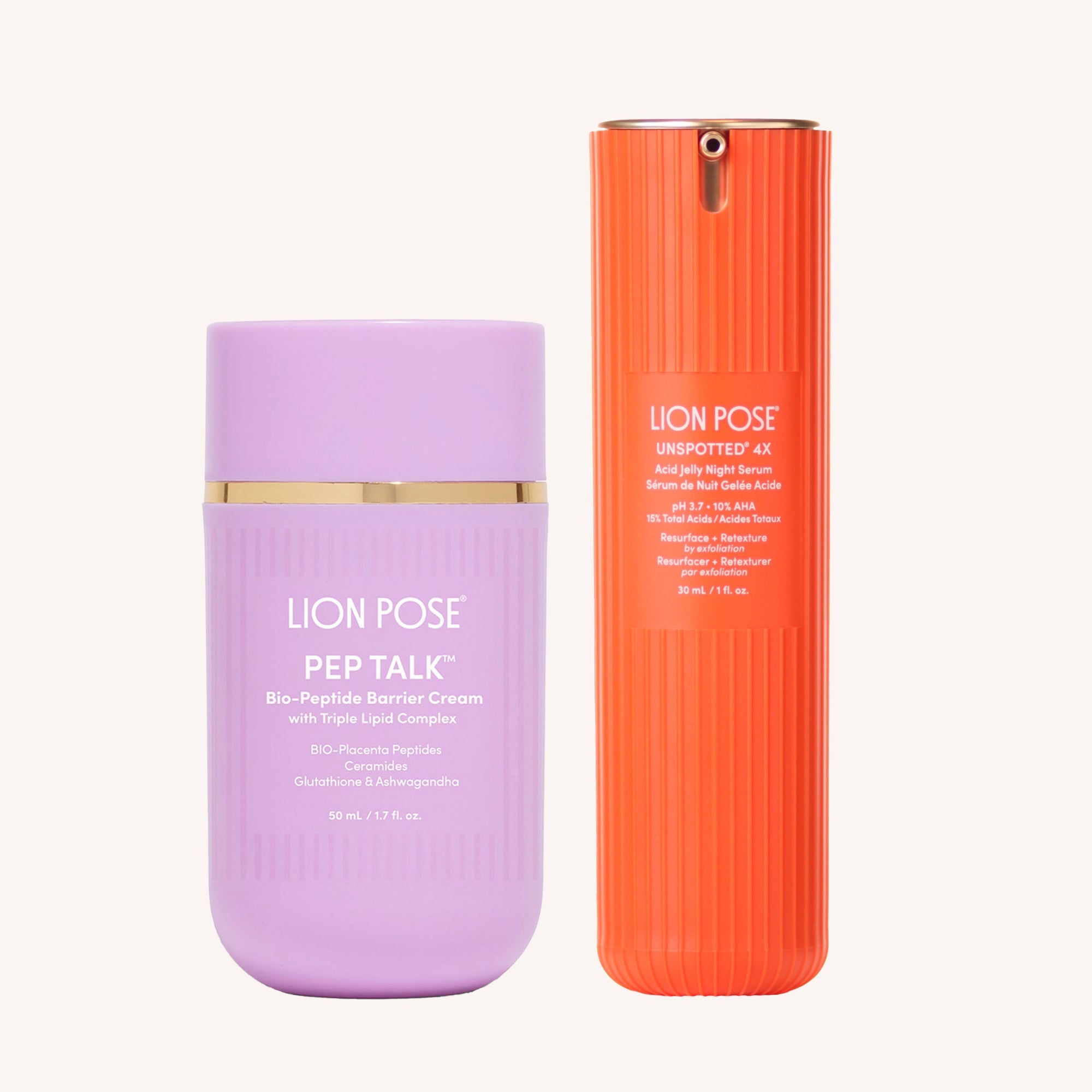 Lion Pose placenta facial dark spot serum and barrier repair cream skincare set, featuring bottles of serum and cream for skin renewal.