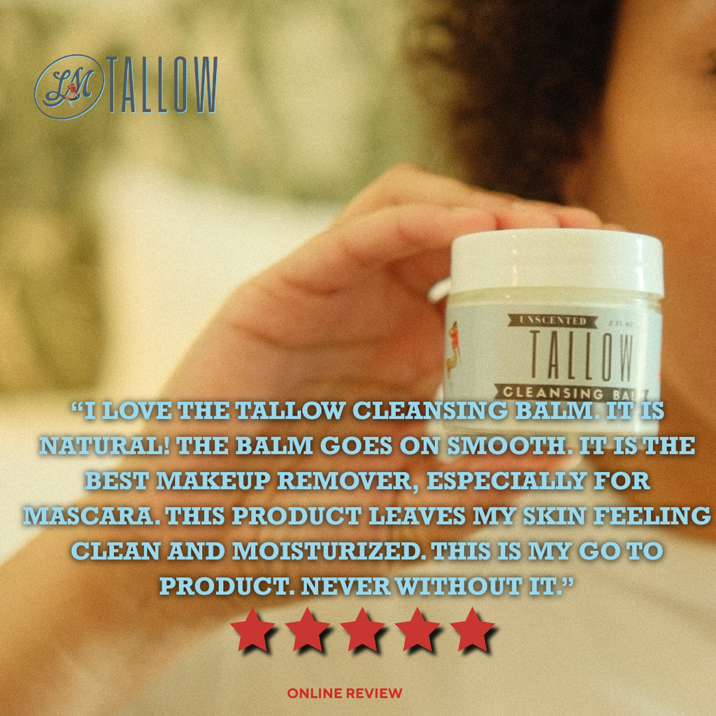 Unscented Tallow Cleansing Balm by The Lady May, natural makeup remover in a jar, showing the creamy body lotion texture.