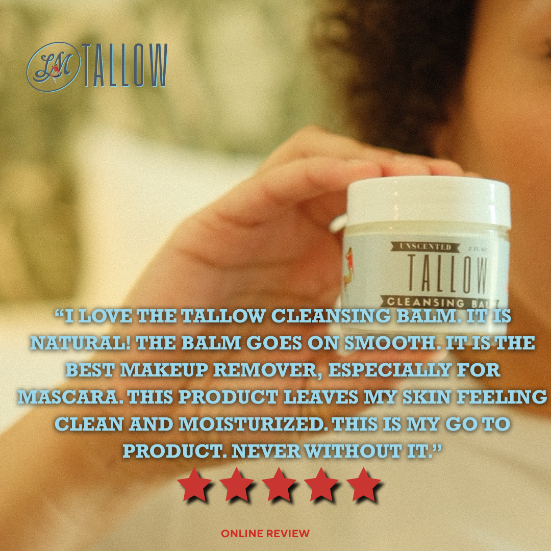 Unscented Tallow Cleansing Balm by The Lady May, natural makeup remover in a jar, showing the creamy body lotion texture.