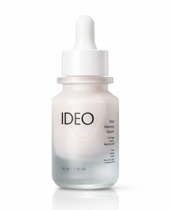IDEOSkincare Skin Memory Serum in a glass dropper bottle, showcasing a clear face serum with a sleek design and minimalist label.