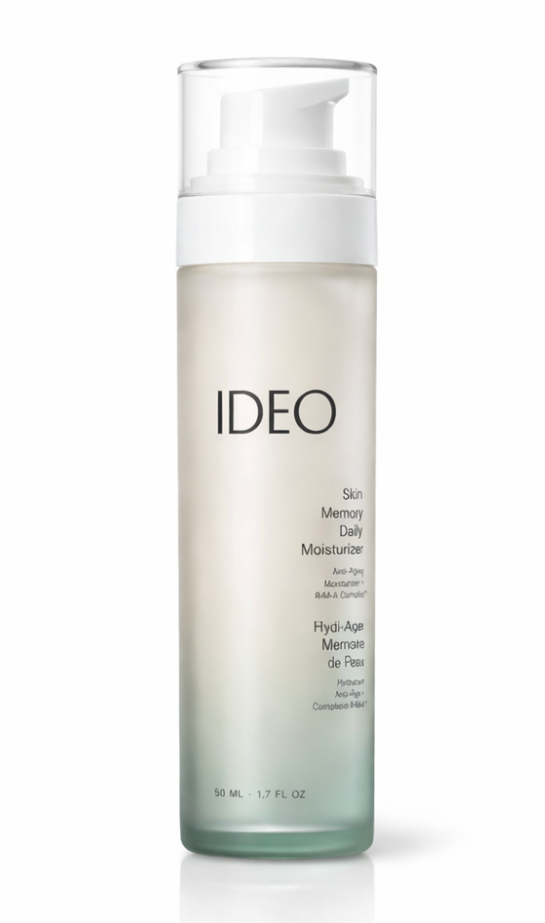 IDEOSkincare Skin Memory Daily Moisturizer in a sleek jar, showing its creamy texture and minimalist packaging.