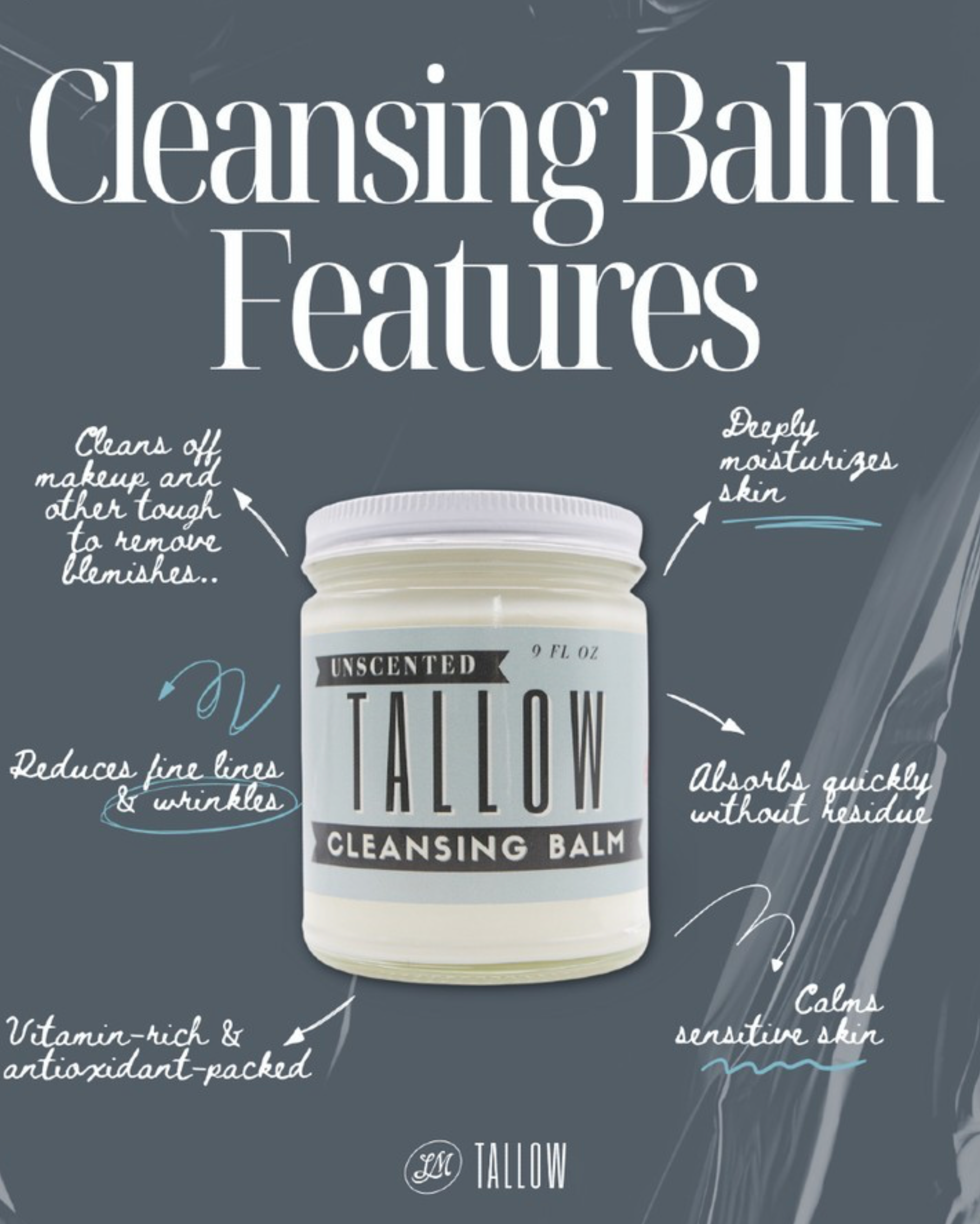 Unscented Tallow Cleansing Balm by The Lady May, natural makeup remover in a container with a clean, minimalist design.