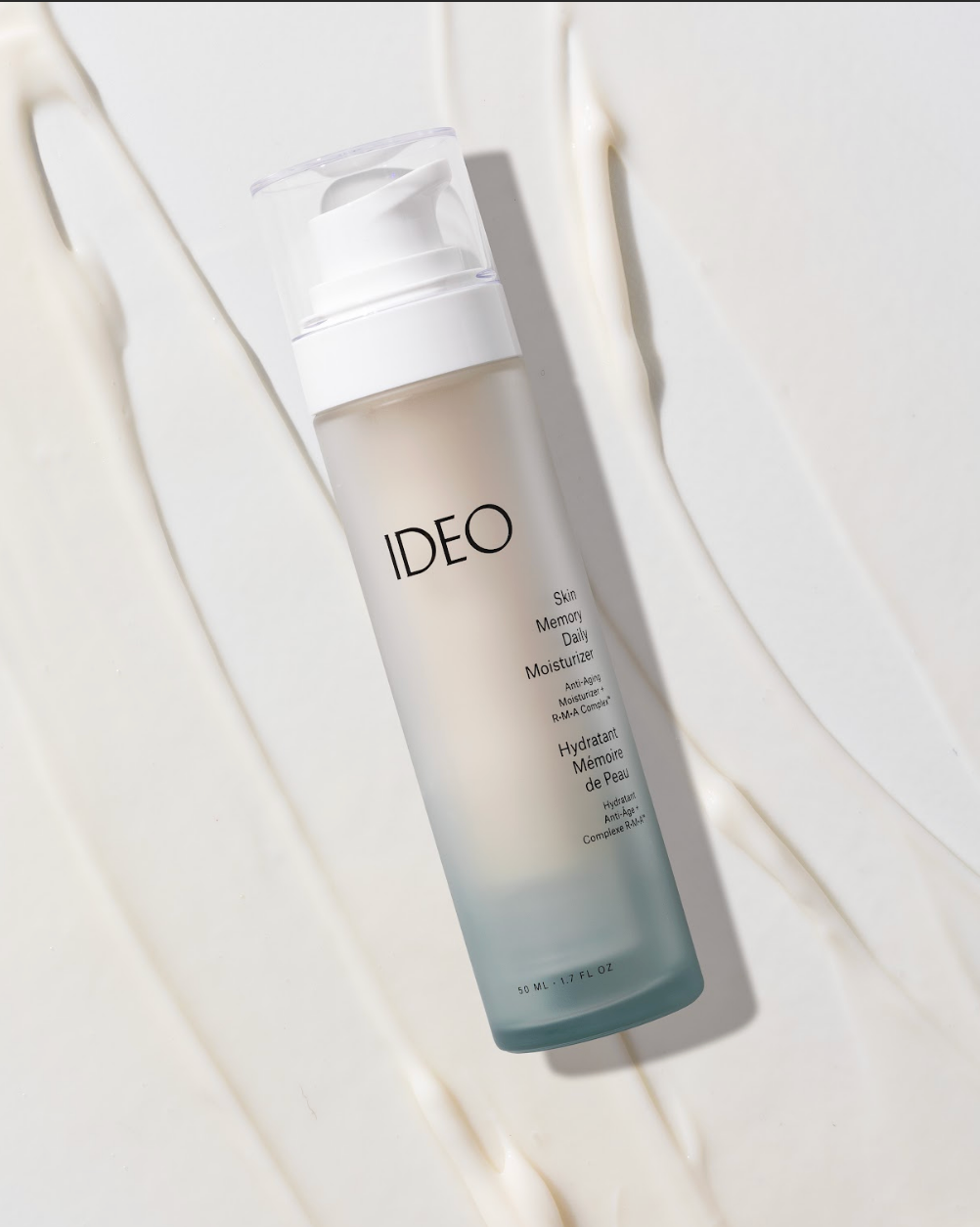 IDEOSkincare Skin Memory Daily Moisturizer bottle with pump, creamy hydrating moisturizer for daily skincare routine.