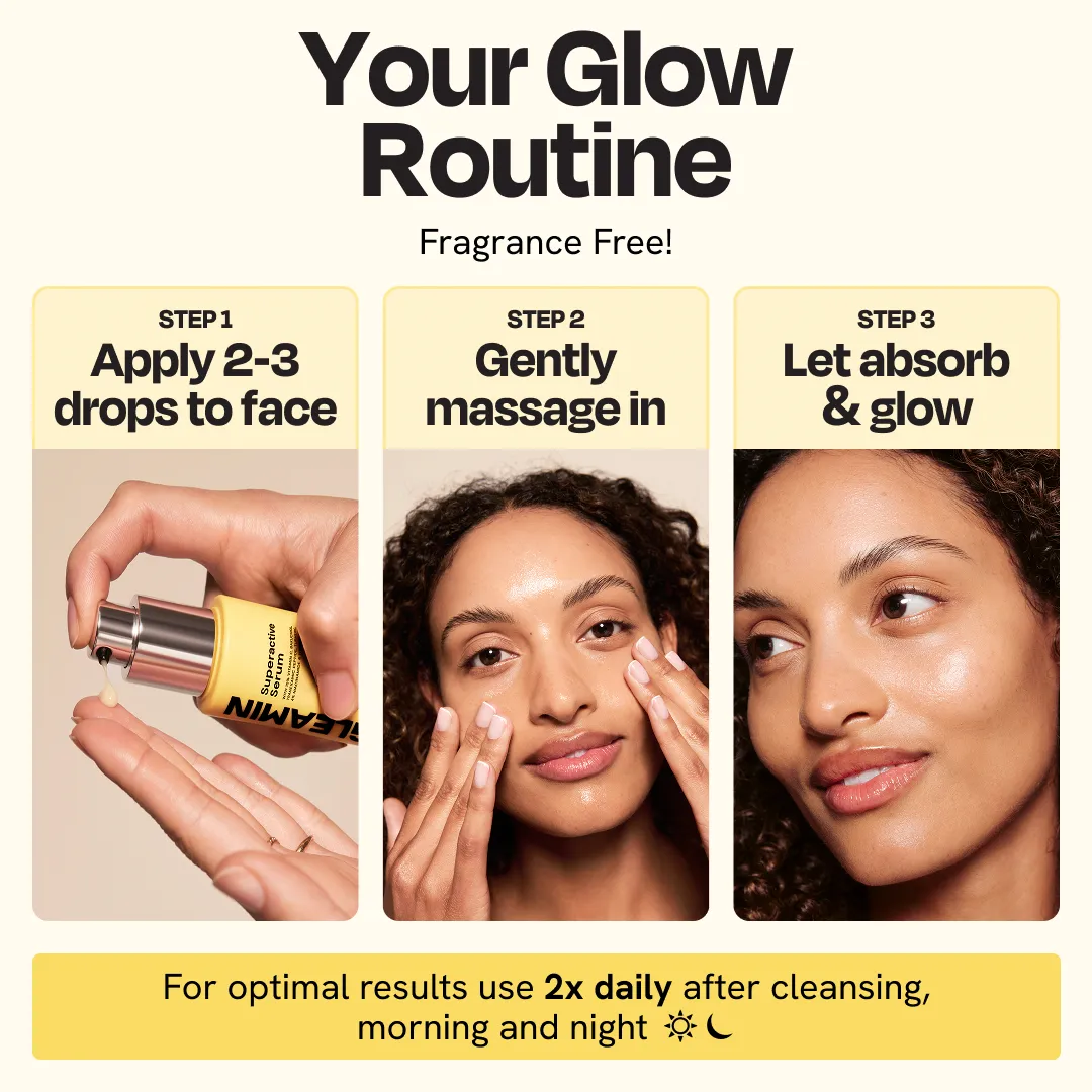 Gleamin Superactive Face Serum bottle with dropper, showcasing the skincare product for brightening and revitalizing skin.