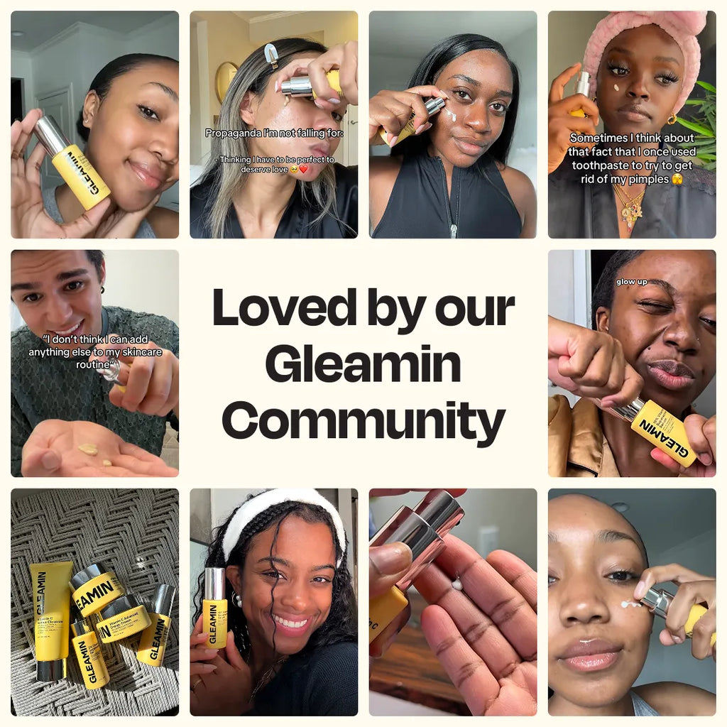 Gleamin Superactive Face Serum in a clear glass bottle with dropper, showing a vibrant, luminous serum for glowing skin.