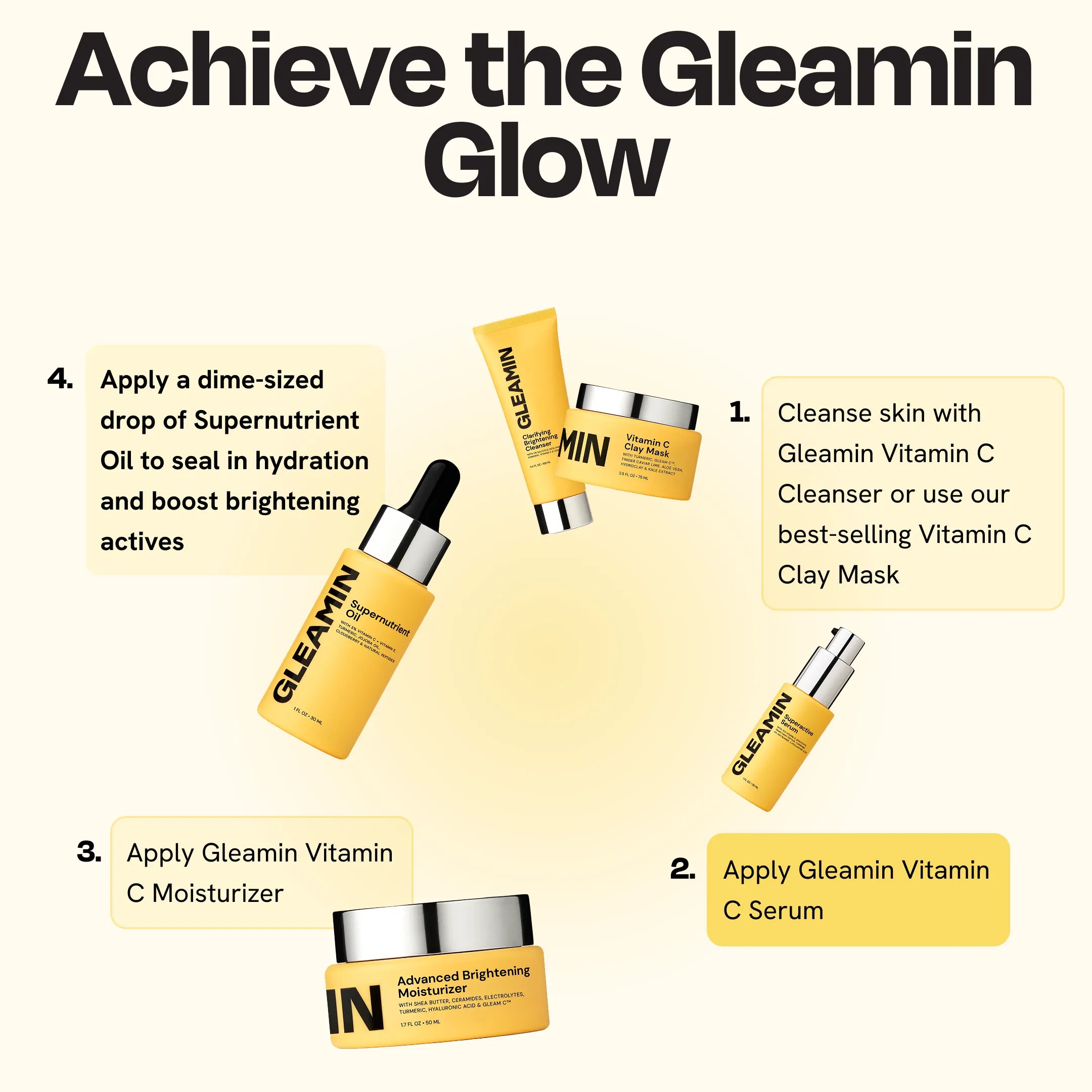 Gleamin Superactive Face Serum bottle with dropper, showing the clear serum inside, on a neutral background.