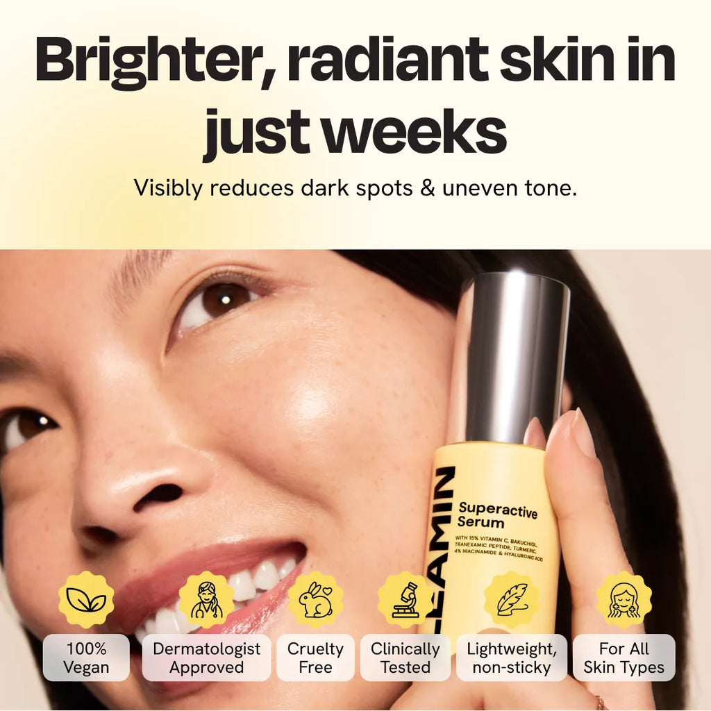Gleamin Superactive Face Serum in a clear glass bottle with dropper, showing the serum inside and the product label.