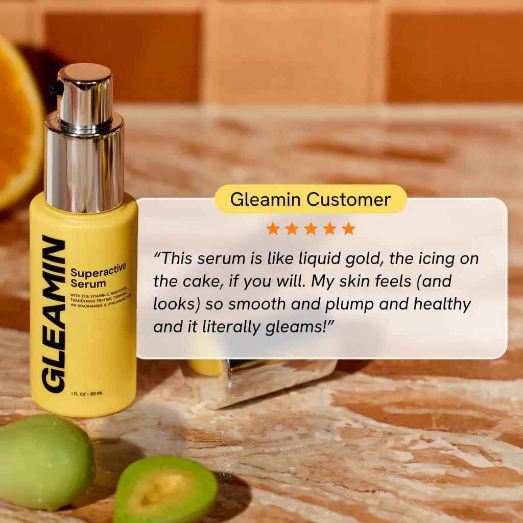 Gleamin Superactive Face Serum bottle with dropper, showcasing the skincare product on a clean background.