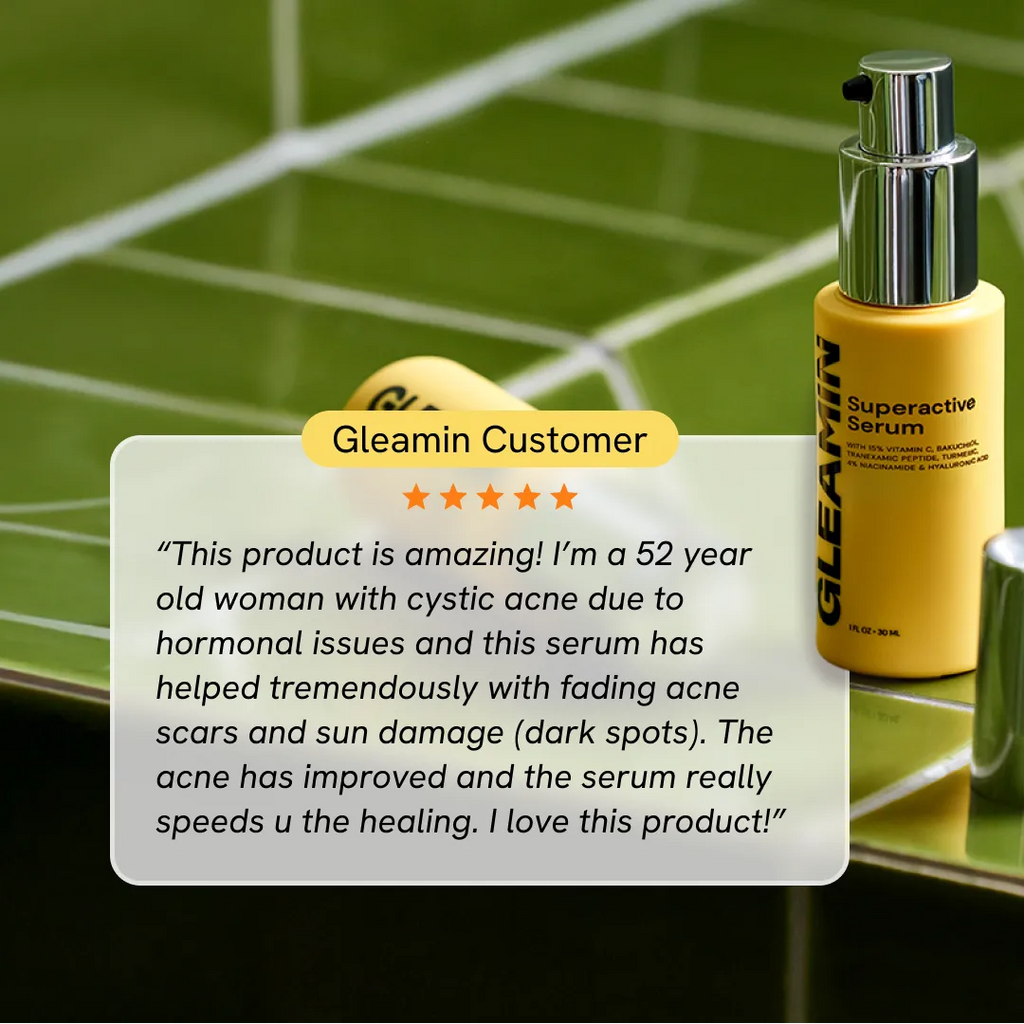 Gleamin Superactive Face Serum bottle with dropper, showcasing the skincare product on a white background.