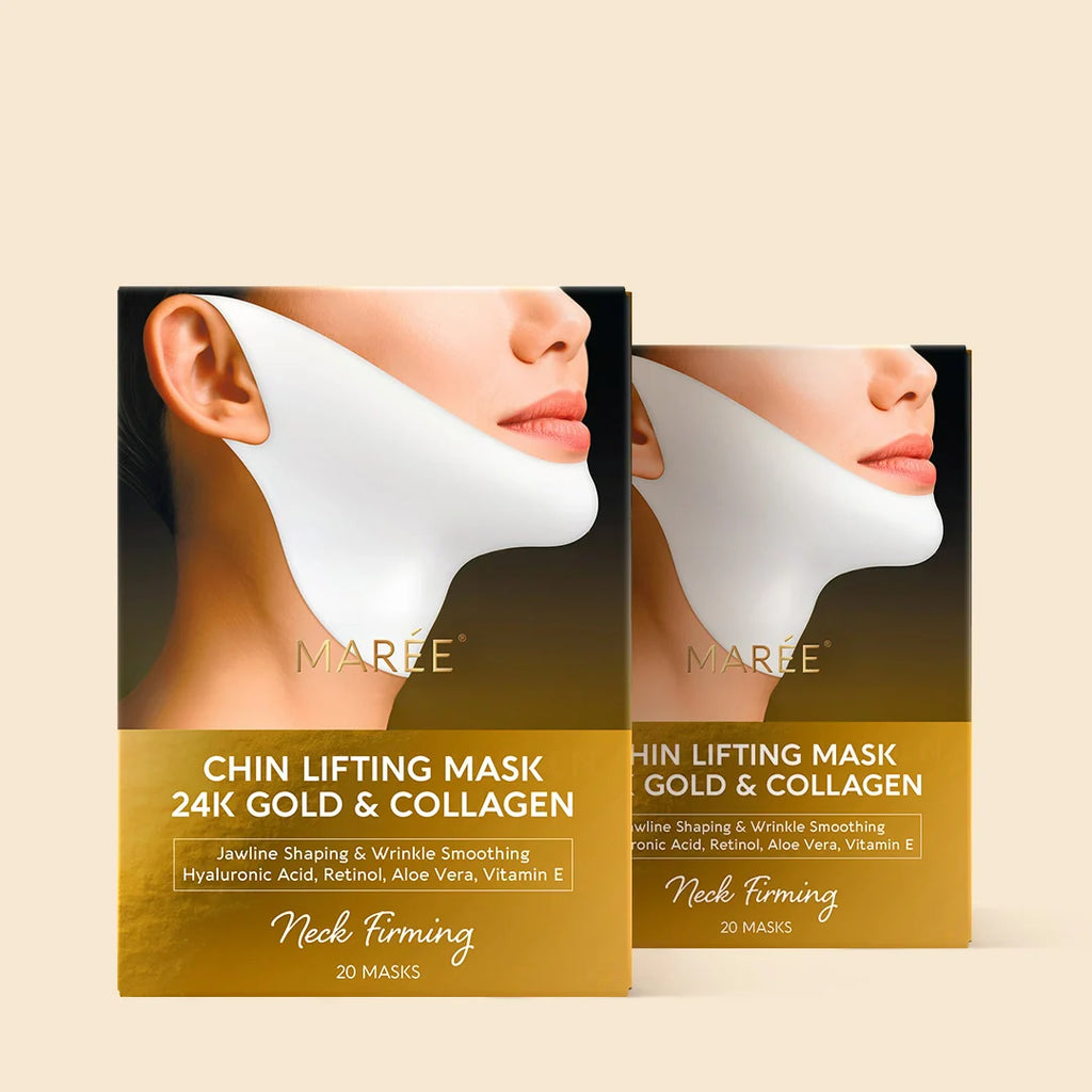 Maree 24K Gold V-Line Lifting Mask treatment pack with 20 facial masks, featuring gold-infused skincare for firming and lifting.