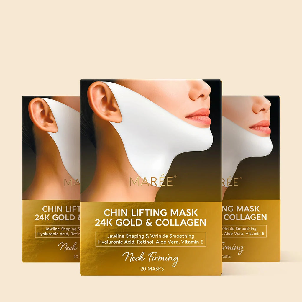 Maree 24K Gold V-Line Lifting Mask treatment pack with 20 gold-infused facial masks for skin firming and anti-aging.