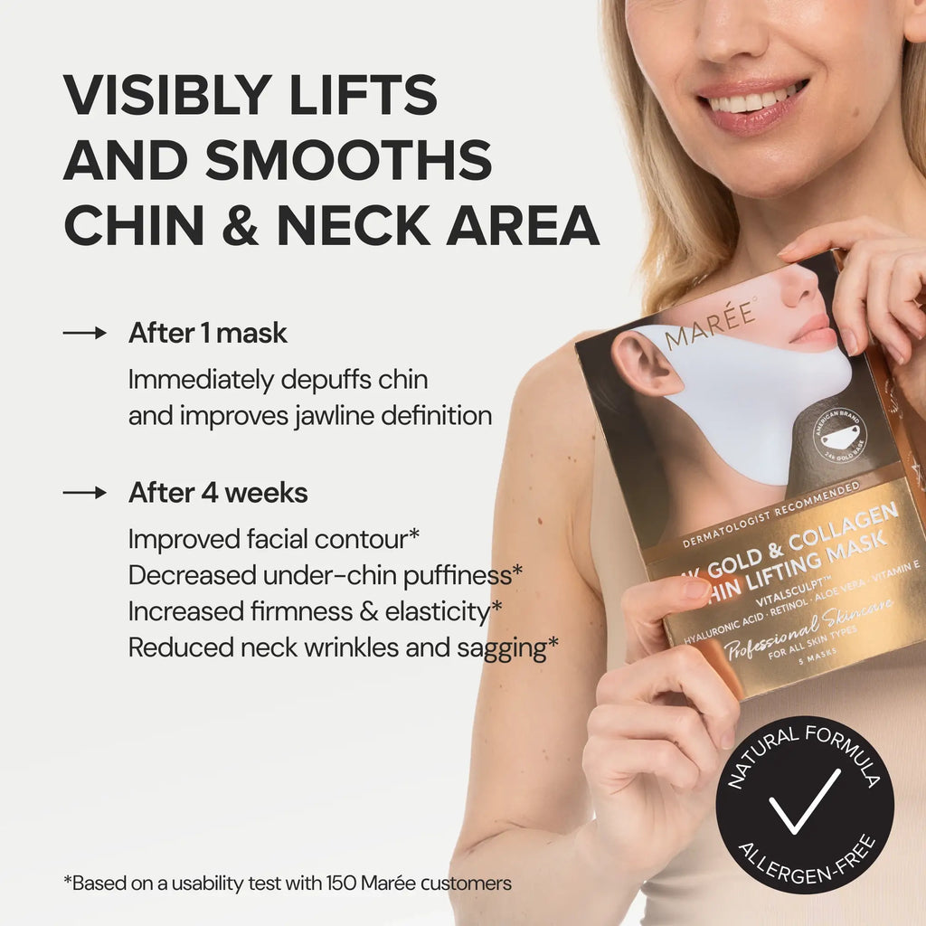 Maree 24K Gold V-Line Lifting Mask treatment pack with 20 sheets, designed for facial lifting and skin firming.