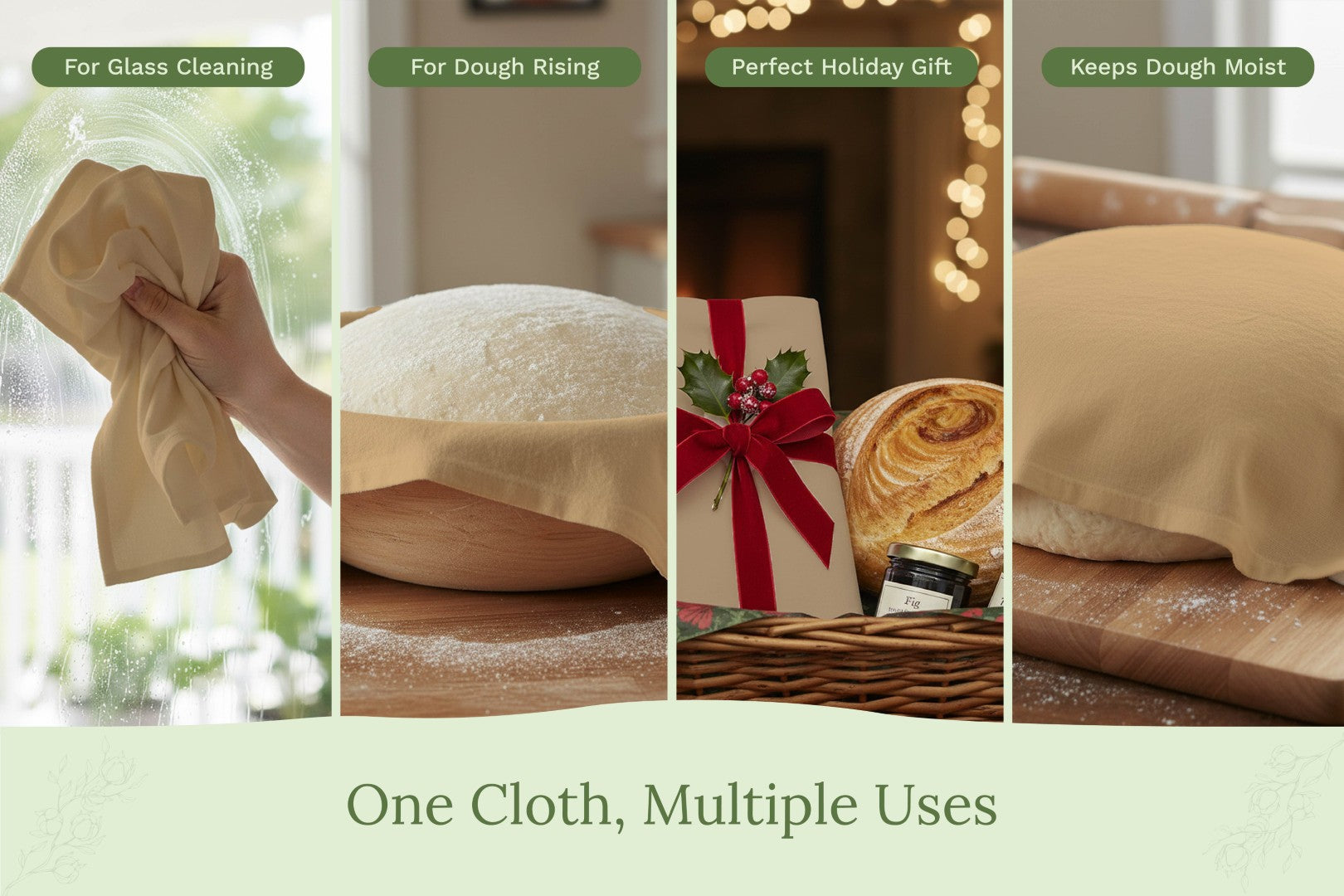 Organic Cotton Mart flour sack kitchen towels displayed with versatile uses and natural texture in a bright, clean setting.
