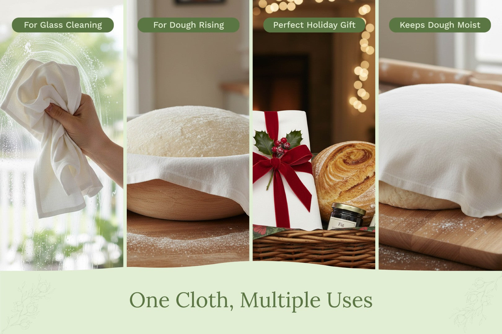 Organic Cotton Mart flour sack kitchen towels, soft and absorbent, featuring a classic white design with hanging loops.