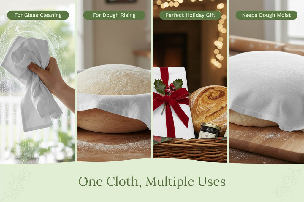 Organic Cotton Mart flour sack kitchen towels with white fabric and hanging loops, perfect for drying and food prep.