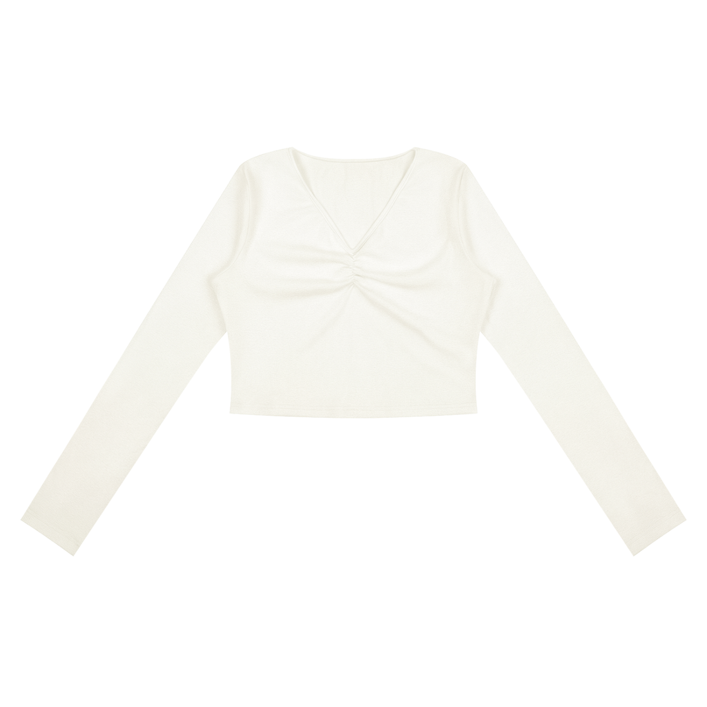 ODMPOD ruched long sleeve crop T-shirt displayed on a model, featuring fitted design and stylish ruched details.