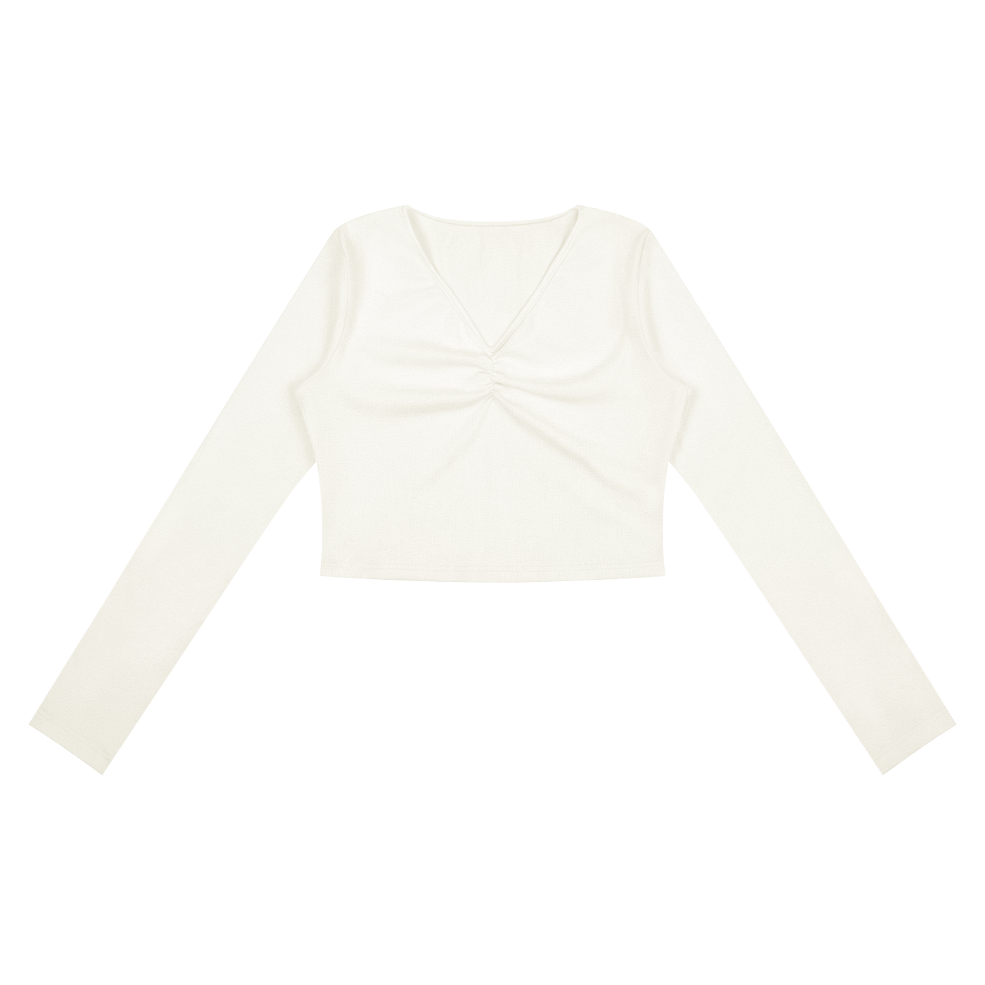 ODMPOD ruched long sleeve crop T-shirt displayed on a model, featuring fitted design and stylish ruched details.