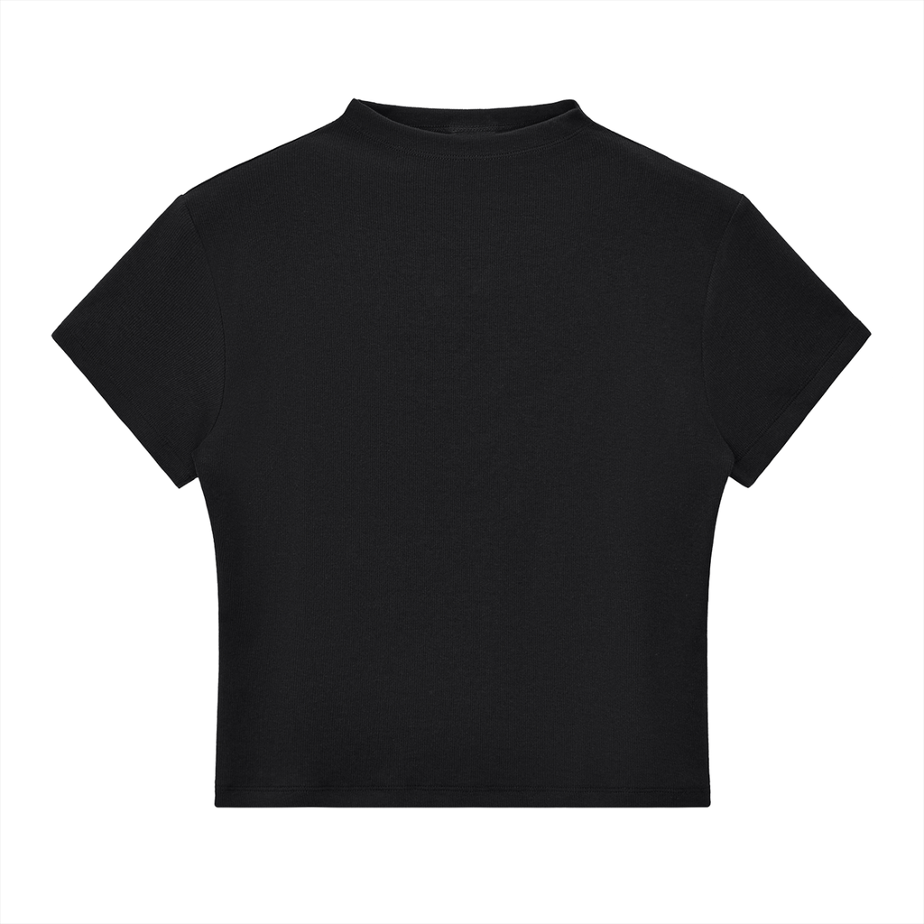 ODMPOD slim fit mock neck T-shirt in a neutral color, close-up showing smooth fabric and fitted style.