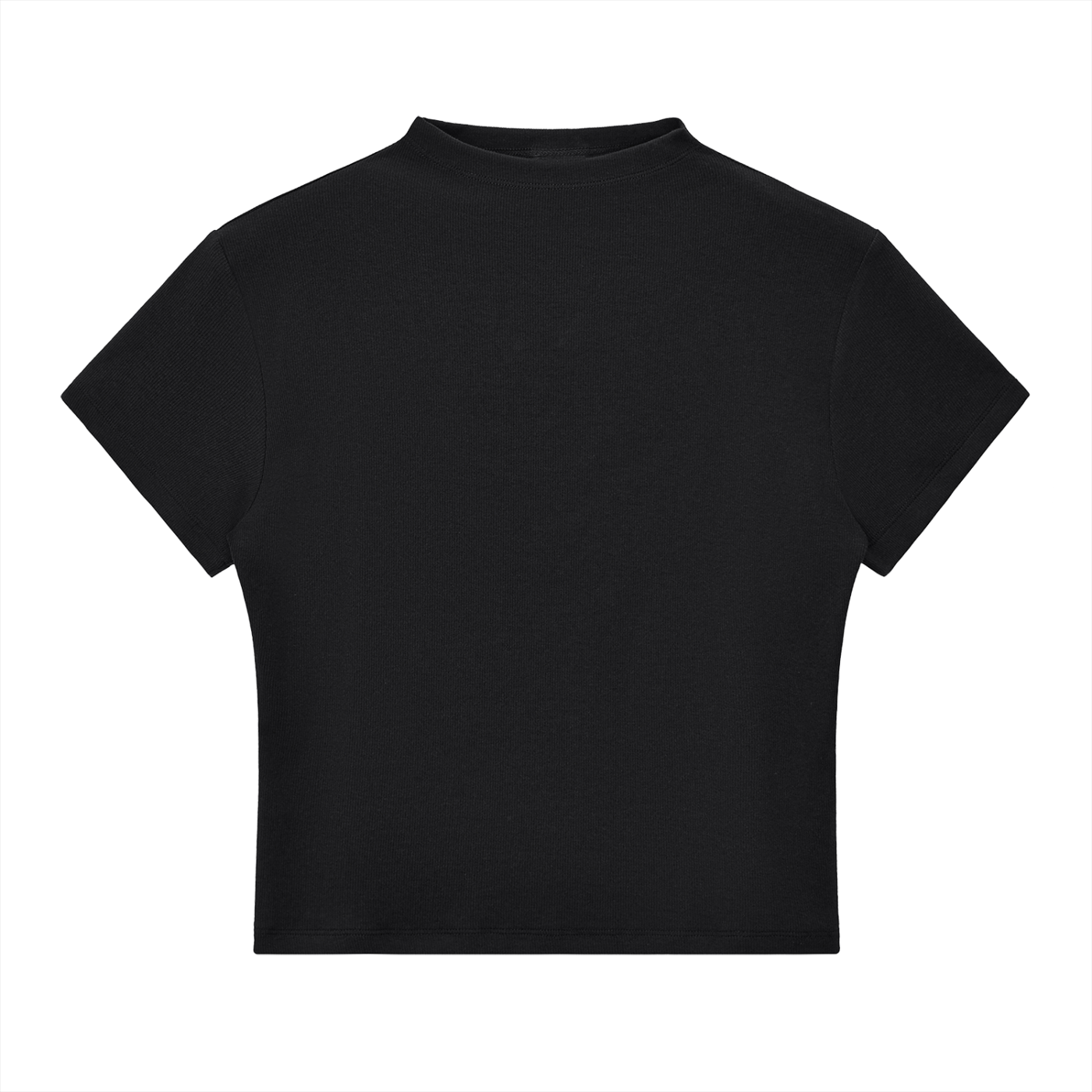 ODMPOD slim fit mock neck T-shirt in a neutral color, close-up showing smooth fabric and fitted style.