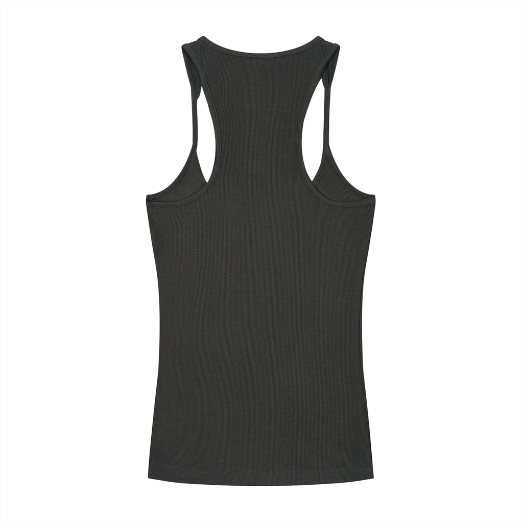 ODMPOD slim fit ribbed racerback tank top displayed on a model, showing its fitted design and textured fabric.