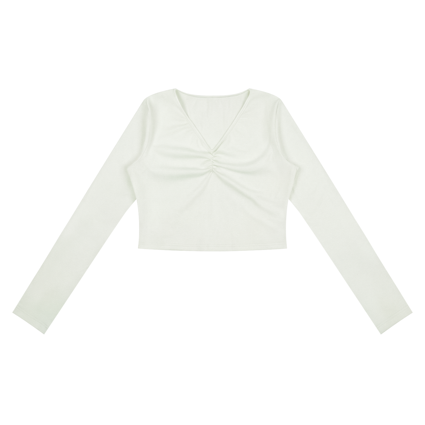 ODMPOD ruched long sleeve crop T-shirt shown in a neutral color, with fitted long sleeves and a stylish ruched design.