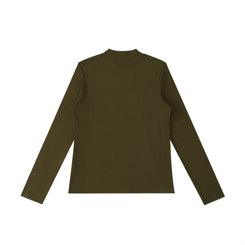 ODMPOD essential mock neck long sleeve T-shirt featuring a fitted style and soft fabric, shown in a neutral color.