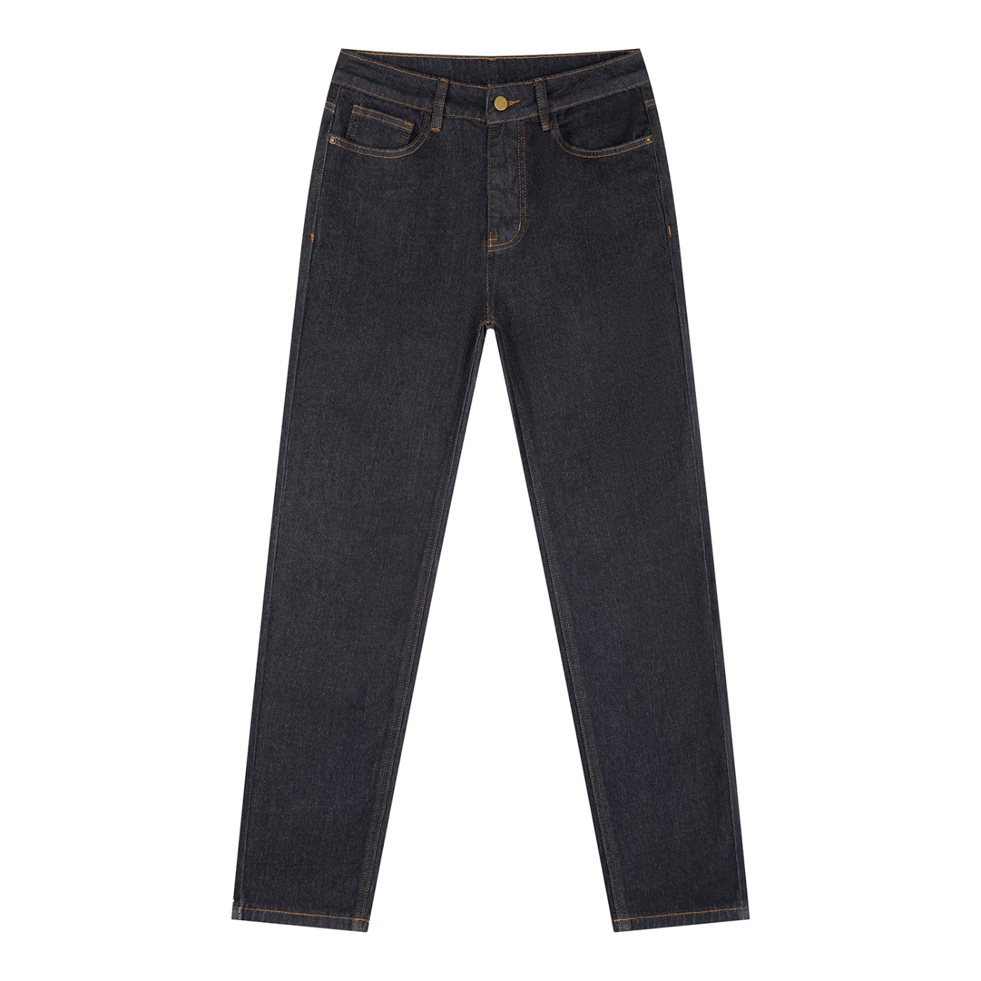 Odmpod high-rise skinny jeans in classic denim, close-up of fit and stitching on a model.
