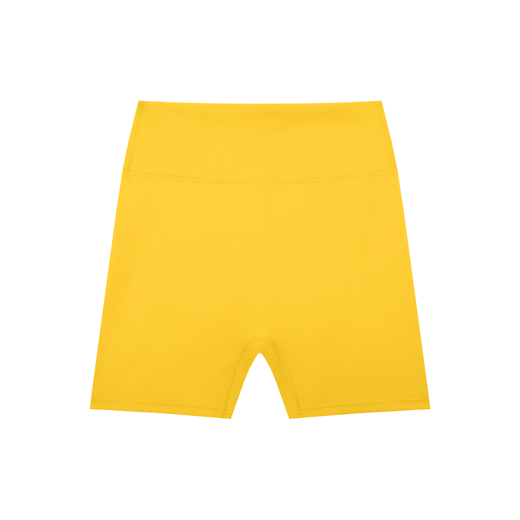 Black high-waisted blend biker shorts by ODMPOD, close-up of fitted athletic shorts with a smooth waistband and stretchy fabric.