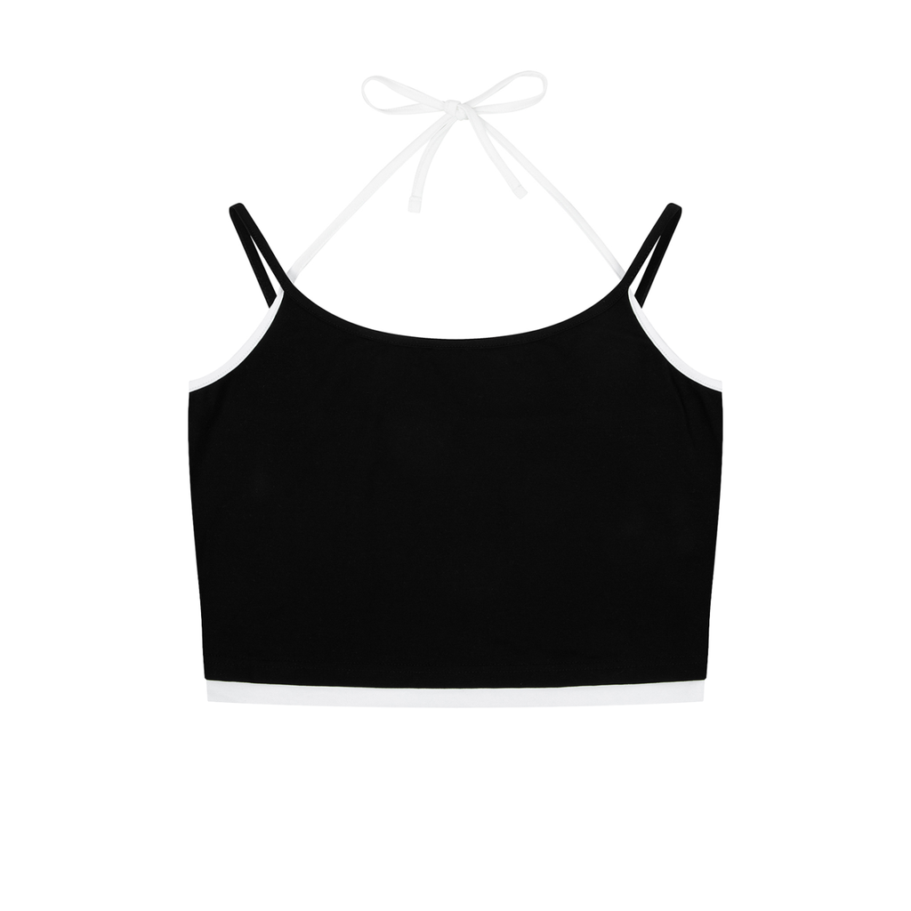 ODMPOD contrast binding halter tank top, sleeveless design with stylish neckline, shown on a model.