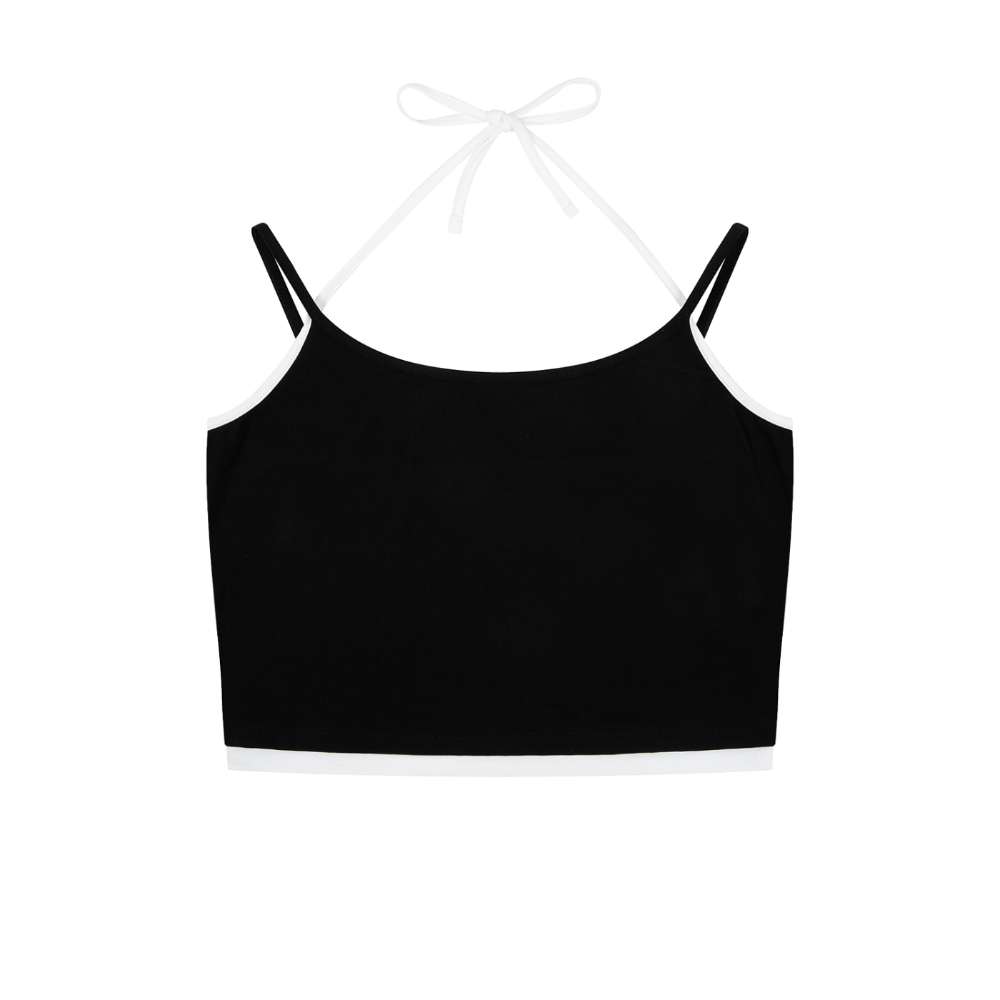 ODMPOD contrast binding halter tank top, sleeveless design with stylish neckline, shown on a model.